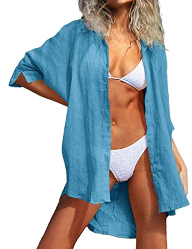 Unibelle Women's Cotton Linen Shirts Sexy Swimwear Bikini Cover Ups Shirt Dress Blue #TOP2