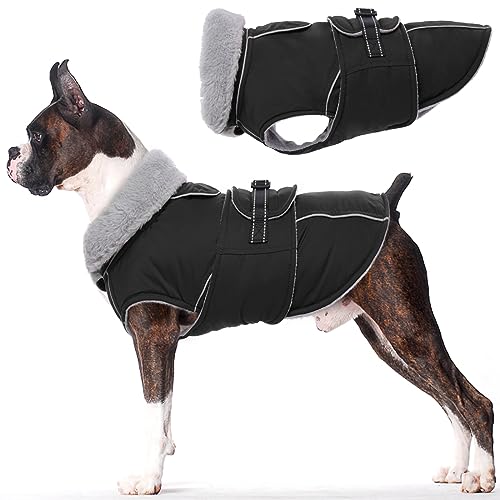 Lelepet Warm Dog Coat Reflective Dog Fleece Vest Waterproof Jacket Windproof Winter Cold Weather Coats with Adjustable Buckle Jackets for Large Dogs, Black, L L Black