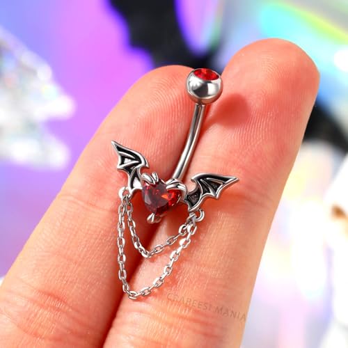 CM Crareesi Mania Halloween Belly Button Ring 316L Stainless Steel Belly Rings Double Chain 14G 10mm Bat Belly Piercing Jewelry Red CZ Navel Rings Heart Navel Piercing4