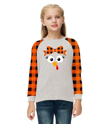 Image of Remimi Girls Thanksgiving Shirts Buffalo Plaid Raglan Tee Cute Turkey Holiday Party Long Sleeve Tshirt 5-14 Years