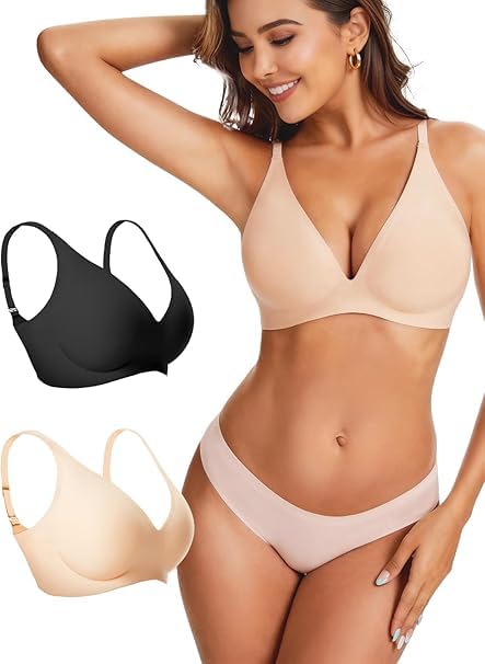 PoseFree Damen BH Ohne Bügel Nahtloser Deep-V Bralette - Butterweicher Jelly BH T-Shirt Push Up Schlaf-BH mit Leichtem Halt für Alltag