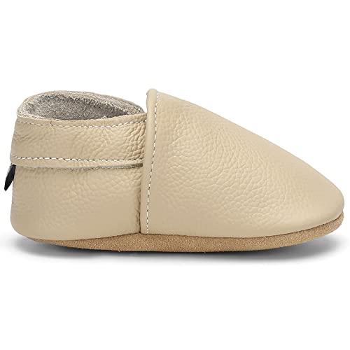 OWLOWLA Soft Sole Baby Shoes Leather First Walking Crib Slip-on Moccasins Infant Toddler Pre-Walker for Boy Girl(Beige,12-18months)