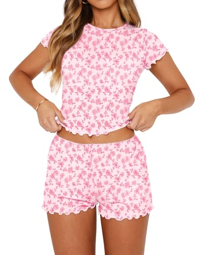 Image of Lacozy Cute Pajamas for Women Set 2 Piece Short Sleeve Pjs Floral Graphic Crop Top Y2K Summer Sleepwear Lounge Set