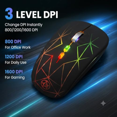 Image of Afaartcci Rechargeable Wireless Mouse 2.4GHz USB Optical Mouse with RGB Breathing LED Light, Silent Click, 3 Adjustable DPI 800 /1200 /1600, Micro USB Charging, Ergonomic Mouse for Laptop PC Desktop