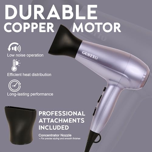 Image of Hair Dryer for Women | Fast Drying, Low Heat Damage, Smooth & Frizz-Free Hair | 1800-2000W Professional Blow Dryer with Cool Shot | Gustto Elevate (Lavender), BIS certified