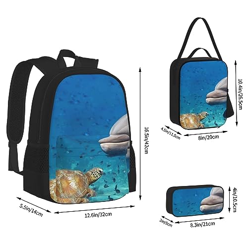 Sac à dos décontracté noir imprimé tortue avec boîte à déjeuner et trousse - 4
