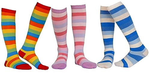 Hzcojulo Girls Knee High Socks Kids Toddler Colorful Stripe Leg Cotton Long Uniform Dress Stocking Socks -3 Pair Pack