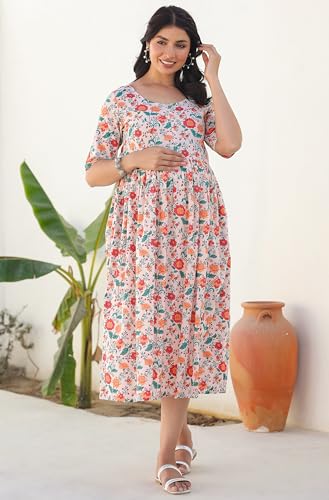 Janasya Robe de maternité couleur pêche pour femme en pur coton, imprimé floral, coupe ajustée et évasée, pêche, 44 – vue 5