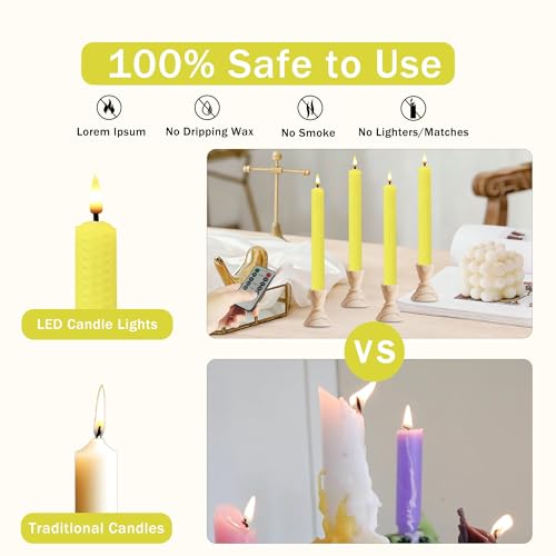 Image of Beeswax Honeycomb Flameless LED Taper Candles, 9.5 Inch Flickering Wax Candles with Remote & Timer, Yellow Battery Operated Dripless Tapered Candle for Home Wedding Decor, 4 Pack