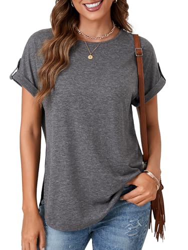 KIFOVEN Women’s Summer Tops Short Sleeve Side Split Tunic T Shirt Crew Neck Button Loose Casual Tees2