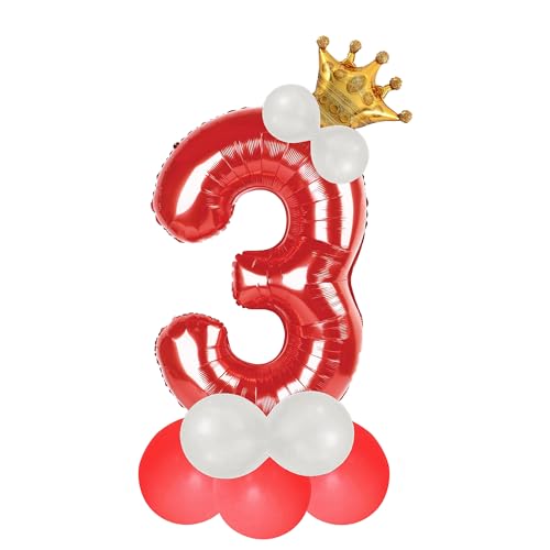 Image of Red 3 Number Foil Balloon with Crown & Base Balloons | 32 Inch Helium Supported for Birthday, Anniversary, Baby Shower Decoration - Pack of 14