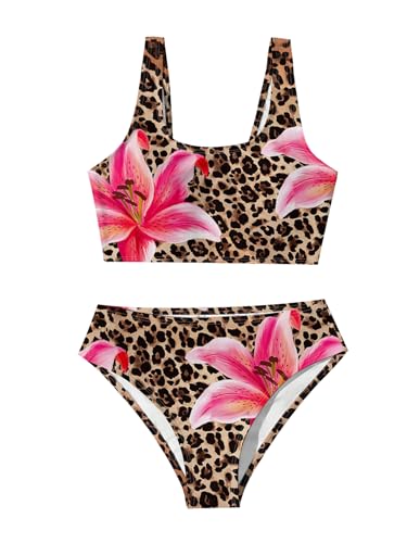 Girl's 2 Piece Bathing Suit High Waisted Floral Cheetah Swimsuit Wireless Retro Bikini Beachwear