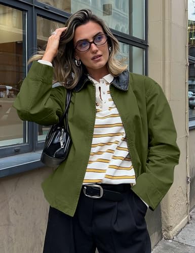 COZYPOIN Womens Lightweight Jacket Contrast PU Leather Zip Up Utility Cargo Barn Coat Fall Canvas Outwear with Pockets3