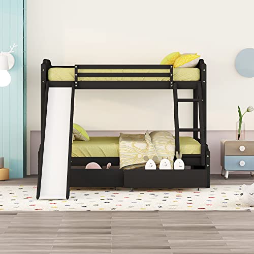 Twin Over Full Bunk Bed With Slide And Storage Drawers Upholstered Bunk Beds Frame With Headboard And Footboard Black Wood Bunkbed For Kids Teens Girls Boys, Convertible Slide And Ladder #TOP3