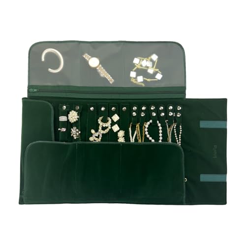 Image of UnionPlus Velvet Jewelry Roll Organizer, Travel Jewelry Case with Multiple Compartments for Rings Earrings Necklaces Bracelets, Compact Portable Jewelry Storage