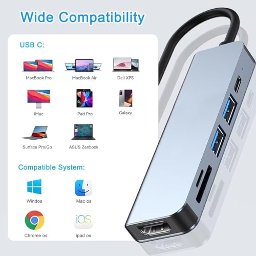 Image of Tobo USB C to HDMI Adapter for Monitor, 6 in 1 USB C Hub with 4K HDMI, SD /TF Card Reader,100W PD, USB 3.0 Extender, USB C Dock for Phone 15, M-Book Air /Pro, Pad Pro, Mac, D-ll /ACR /HP /A-US /Switch
