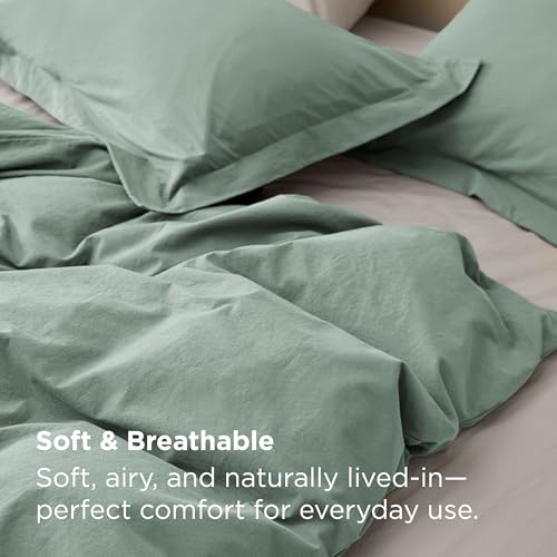 Image of Bedsure 100% Washed Cotton Duvet Cover Queen Size - Iceberg Green Minimalist Bedding Set Linen Like - PureWoven Plain Simple & Soft Comforter Cover for All Seasons (Iceberg Green, Queen, 90 inchx90 inch)