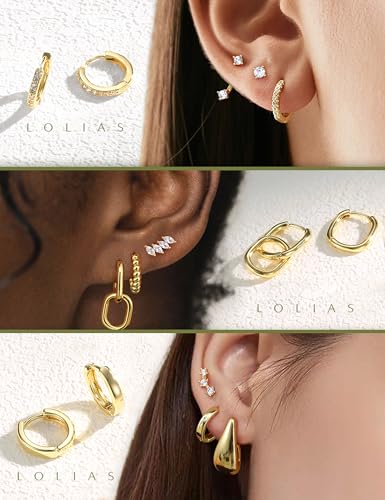 LOLIAS Hypoallergenic Gold Hoop Earring Stacks for Women - 14K Gold Plated Huggie Stud Hoop Earrings Small Stainless Steel Cartilage Earring Sets for Multiple Piercing Lightweight 9Pairs2