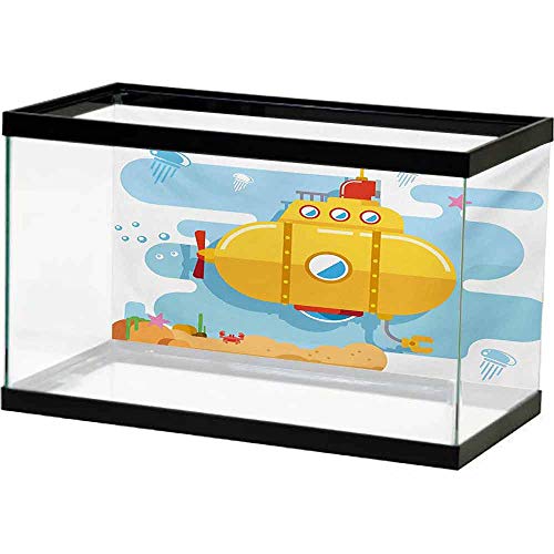 bybyhome Aquarium Background Yellow Submarine,Submarine Underwater Illustration Crab and Starfish Animal Print,Blue Earth