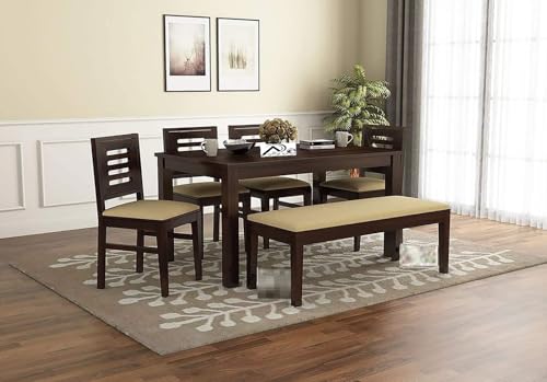 Image of AADITYA WOODS Solid Sheesham Wood Six Seater Dining Table Set with Chairs & Bench for Living Room Home Wooden 6 Seater Dining Table for Home Office Dining Room Set- Walnut & Cream