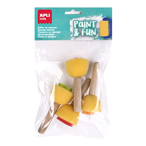 Apli kids 18714 – Lot de 4 tampons éponge avec manche en bois pour enfants âgés de 3 ans et plus – Diverses formes : fleur, feuille, étoile et cœur – éveil artistique