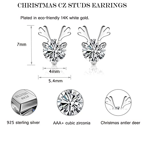 Christmas Reindeer Earrings Gifts For Women 925 Sterling Silver Small Deer Antler Studs Earrings Tiny Cubic Zirconia Hypoallergenic Cz Piercing Cartilage Jewelry Xmas Birthday Gifts For Girls 4Mm #TOP2