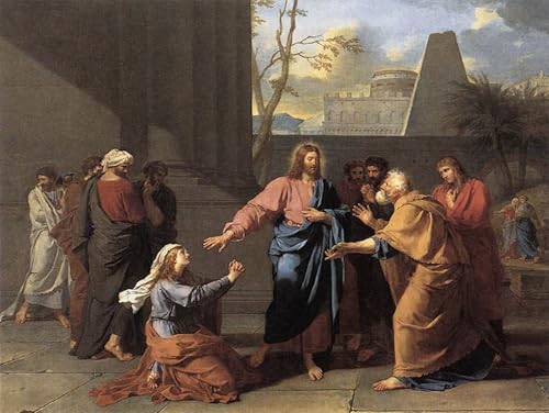 Lienzo de la mujer de Canaán a los pies de Cristo, pintura mural vintage de 60x90cm