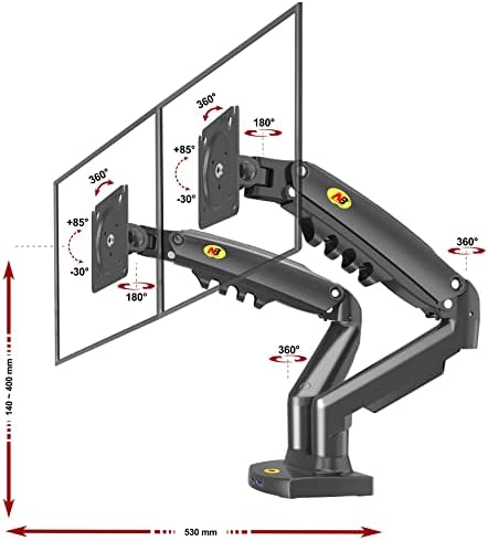 Regulowany Uchwyt Ze Sprężyną Gazową na Dwa Monitory LCD LED od 17 do 27 cali o wadze od 2 kg do 9 kg każdy
