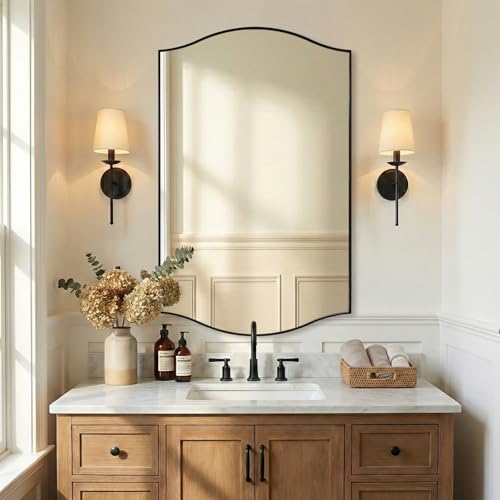 Image of ANDY STAR 30 inchx48 inch Scalloped Mirror,Matte Black Rectangle Bathroom Mirror with Curved Edge Stainless Steel Metal Frame, Large Wall-Mounted Mirror for Bathroom, Entryway (Horizontal /Vertical)