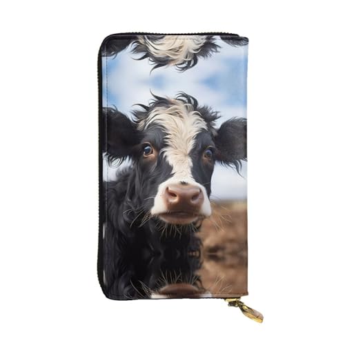 Portefeuille en cuir pour femme noir avec compartiments et zip motif vache