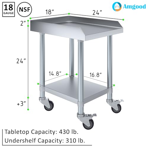 Image of AmGood Stainless Steel Equipment Stand with Undershelf + Casters, Heavy Duty, Commercial Grade, NSF Certified (24 inch Width x 18 inch Length + Casters)