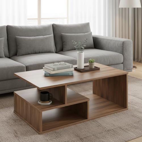 Image of FURNEASER Witely Coffee Table Modern Centre Table with Storage Shelves, Teapoy, Centerpiece Tea & Coffee Table for Living Room, Engineered Wood, Matte Finish, Exotic Teak, 90x45x36 cm