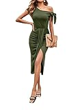 Vrtige Women's One Shoulder Tie Knot Cap Sleeve Draped Ruched Split Hem Bodycon Midi Dress Army Gree