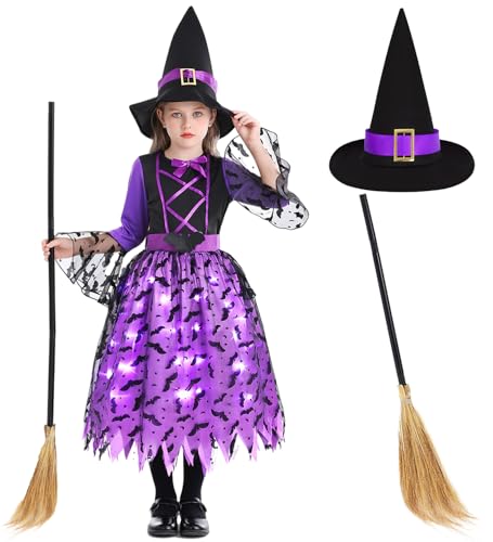 Geplaimir Disfraz de bruja para niños, disfraz de bruja, disfraz de bruja con luz, sombrero de bruja, escoba luminosa, disfraz de bruja para carnaval, Halloween G073XS