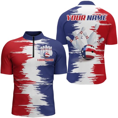 PIONAMZIOZ Red&White Bowling Shirts Men & Women Custom Blue Bowling Polo & Quarter-Zip Shirt Patriotic Bowling Jersey BDT205 (Men Quarter-Zip, Polyester)
