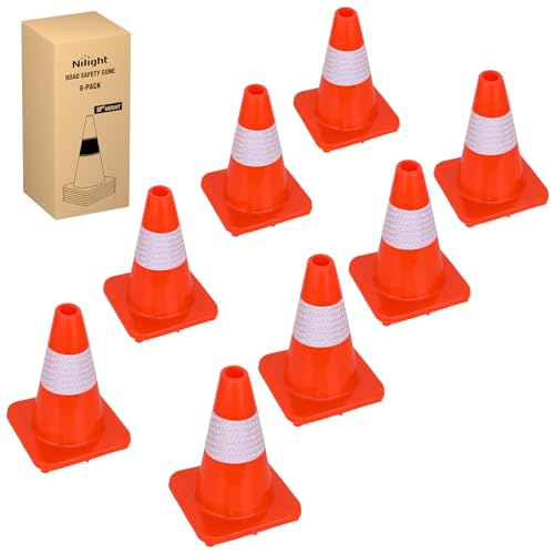 Nilight 12 inch Traffic Safety Cones, 8  Pack Durable PVC Orange Cones with Reflective Collars for Road Safety, Parking, Construction Work, Sports Training