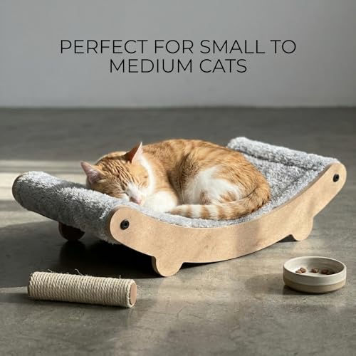 Image of Cat Hammock Bed with Plush Cushion, Wooden Curved Rocker Design, 23x13x6 Inch, Premium Comfort Lounger for Cats (FURR-162) (Grey)