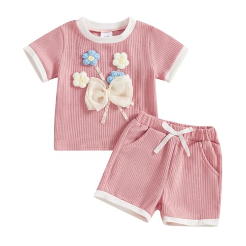 Nsywmzy Toddler Baby Girl Outfits 0-5T Summer Clothes Waffled 3D Flower Short Sleeve Round Neck Tops Elastic Waist Shorts Set (Pink 2, 12-18 Months)
