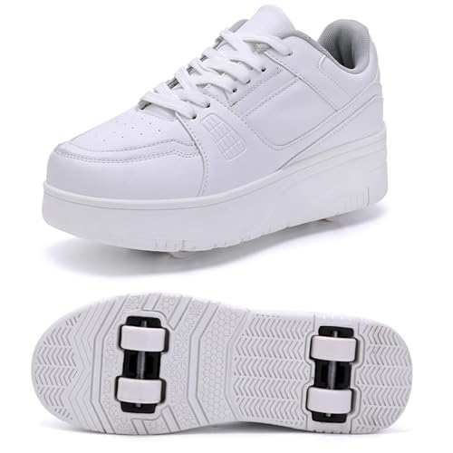 XRDSHY Schuhe mit Rollen für Kinder 4 Rollen Skateboardschuhe Sportschuhe Jungen Mädchen 2 in 1 Multifunktionale Rollschuhe Outdoor-Laufschuhe, White-37 EU