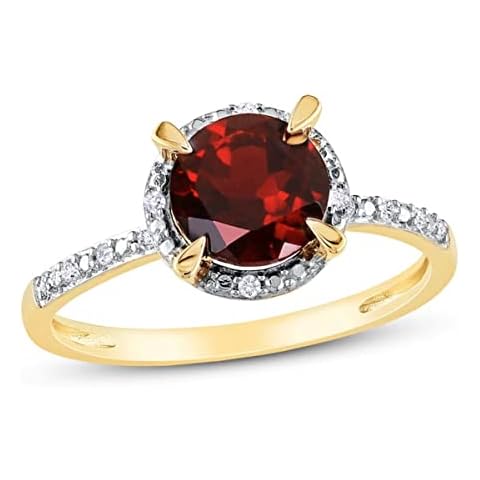 55Carat Natural-Garnet Yellow Gold Plated Striking Ring Studded with Diamond Accents Slender Band Western Design Wedding Jewelry for Women Size: I Cover