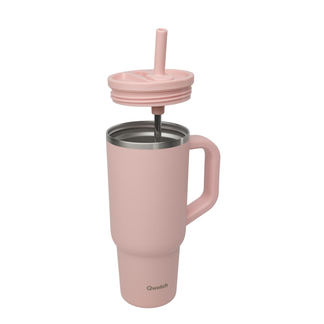 QWETCH - Kubek termiczny Travel Cup - Recykling stali nierdzewnej Pastelowy Różowy - Kubek termiczny Tumbler Termos Z klapką wodoodporny, uchwyt, stojak na kubek, biuro, sport, kubek podróżny, kubek