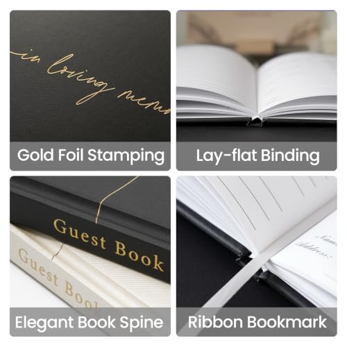 Image of Funeral Guest Book for Celebration of Life, in Loving Memory Sign in Book | 320 Entries, Table Sign Card Included, Gold Stamping, Twill-Textured Paper Cover, Memorial Keepsake, 9x7.5 inch, Beige