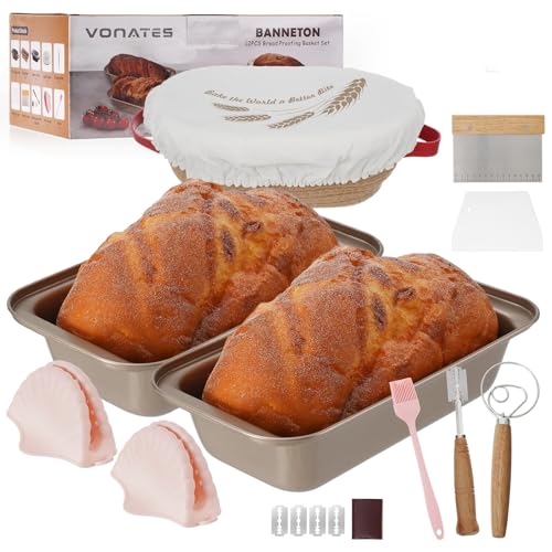 VONATES Bread Proofing Basket Set, Sourdough Baking Kit Included 2 Toast Baking Tin + 10 Oval Cotton Rope Bowl with Liner and Cover, Sourdough Starter Kit for Professional and Home Bakers