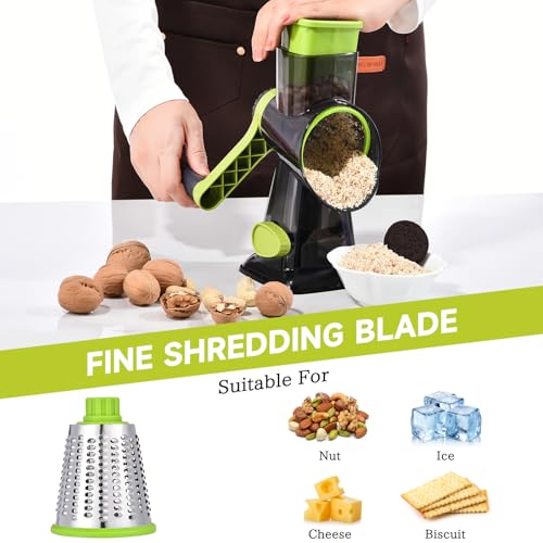 Image of Rotary Cheese Grater with Handle Kitchen Shredder Slicer Grater Slicer Ice Shaver Cheese Vegetable Nuts Potato Zucchini Chocolate 3 Interchangeable Blades (Green TSP)