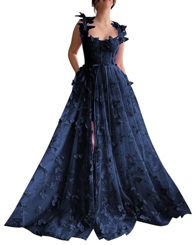 Robe de bal tulle papillon 3D bleu marine pour mariage et gala