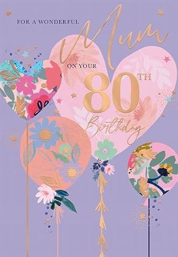 Words 'n' Wishes 80th Birthday Card for Mum, Rose Gold Foil, Floral Design, Purple