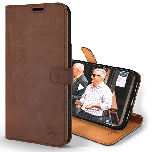 Coque portefeuille iPhone 14 Pro Max en cuir véritable marron d'exception