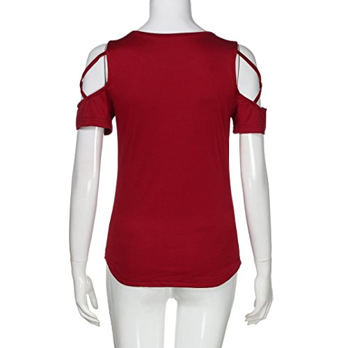 Forthery Women Cold Shoulder Tunic Tops Summer Short Sleeve Basic T Shirts Blouse (S, Wine Red)
