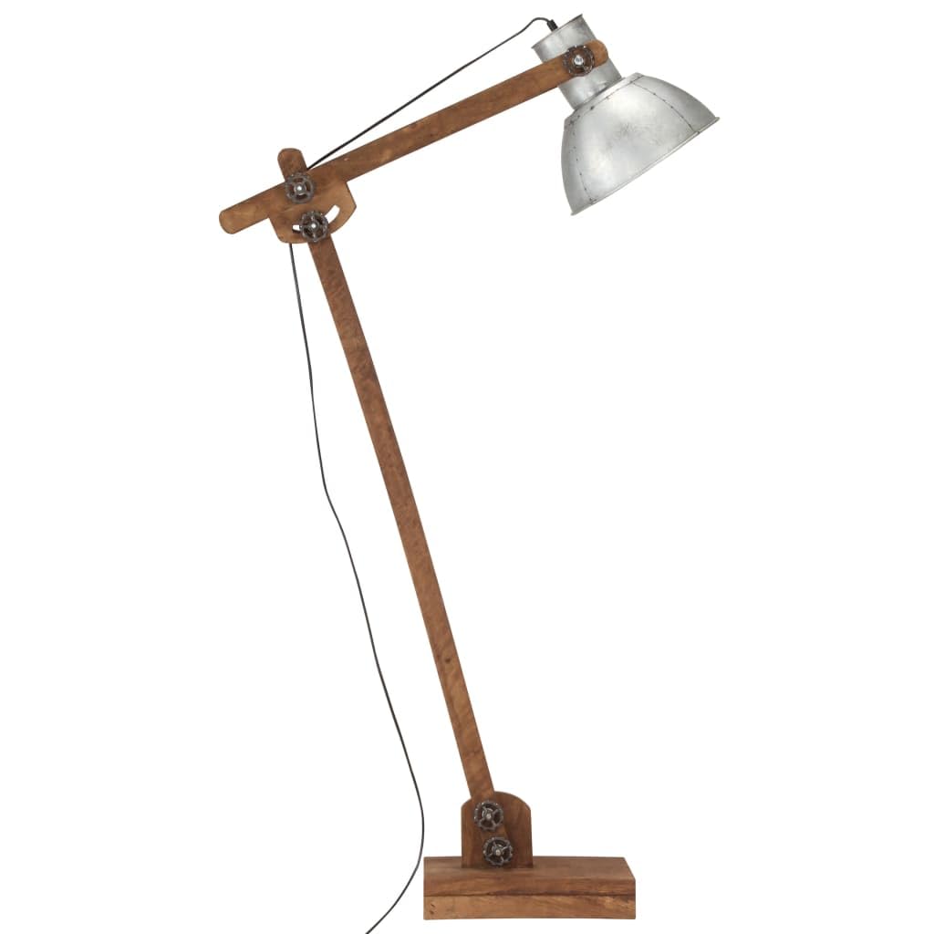 Srebrna lampa stojąca z litego drewna mango i regulowanym żelaznym kloszem, oprawa E27, możliwość ściemniania, do salonu, sypialni, korytarza, biura, nowoczesny industrialny design