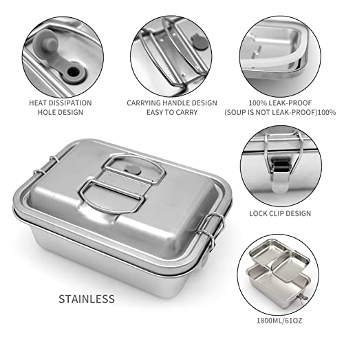 Double Layer Stainless Steel Bento Lunch Box - 1800Ml Leak Proof Container With Safety Latch, Chopsticks And Spoon Included. Perfect For Adults And Easy To Clean! Dishwasher Safe Metal Bento Box. #TOP2